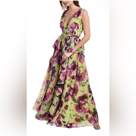 Badgley Mischka Dresses & Skirts - NWT Badgley Mischka Floral Ruffle V Neck Gown Purple Yellow Green 8